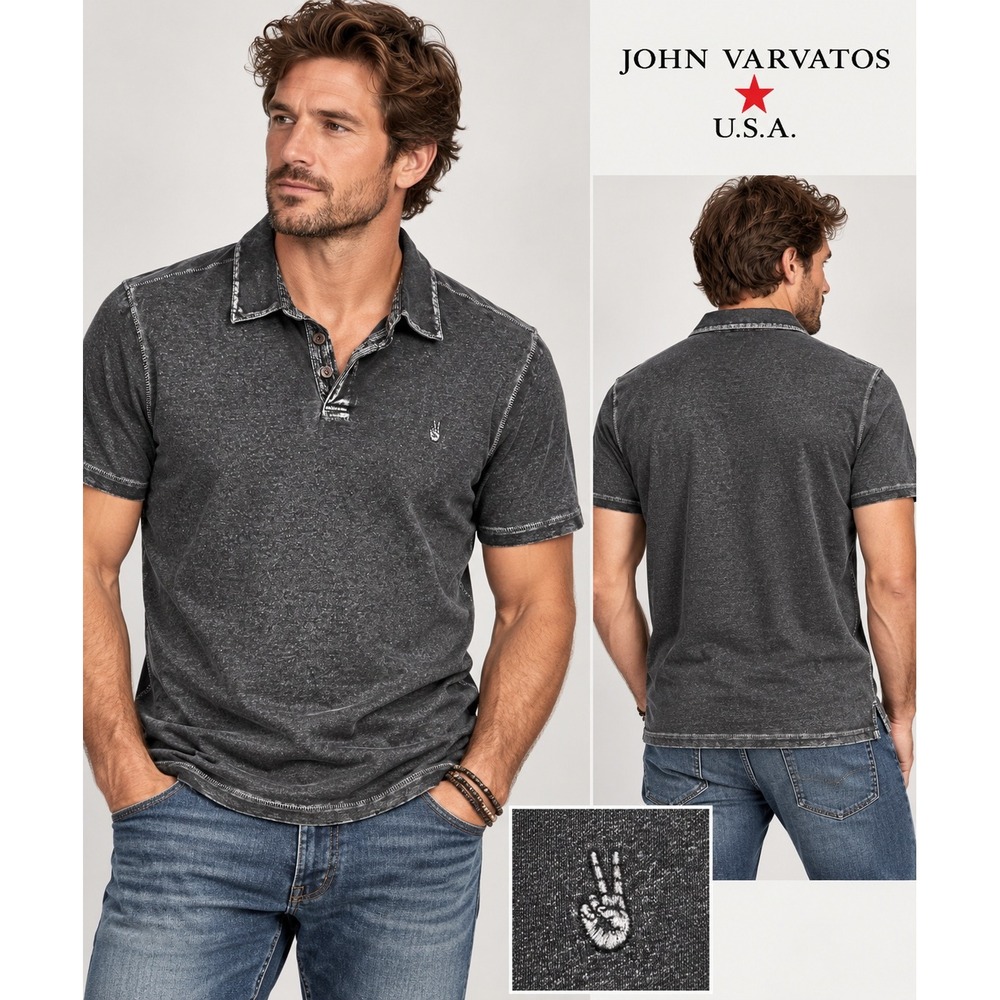 John Varvatos USA Mens  Distressed Polo Shirt Charcoal Black Size M NWT